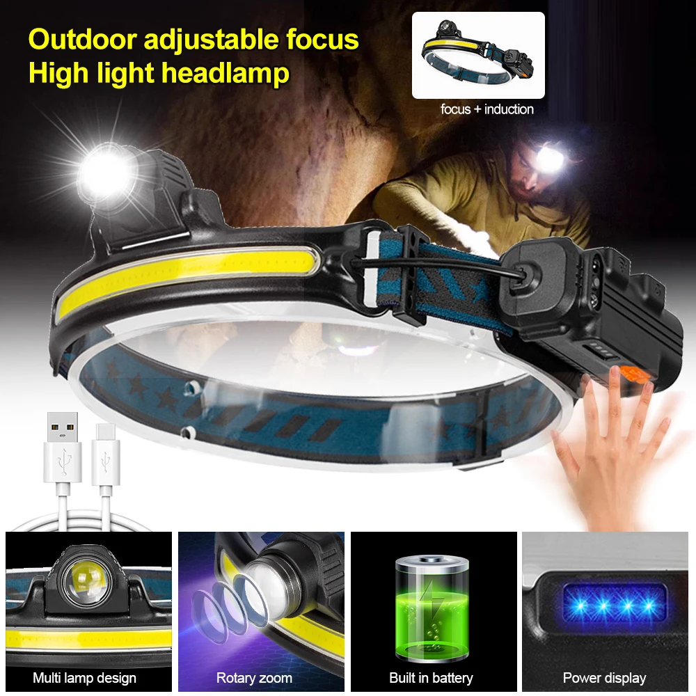 

2022 New Smart Sensor Headlamp XPG+COB LED Head Lamp with Built-in Battery Flashlight USB Rechargeable 6 Modes Head Torch