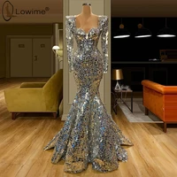 robe de soiree luxury silver mermaid evening dresses long sleeve saudi arabia dubai prom party gowns vestido de festa