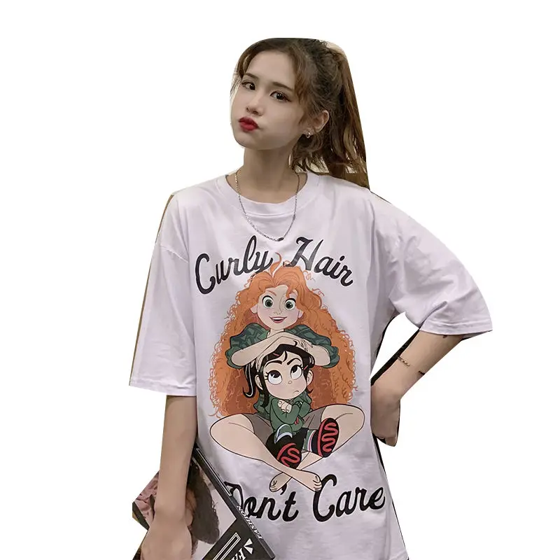 

Disney Summer New Korean Harajuku Style Fried Street Girl Short Sleeve Cartoon Print Loose-Fitting Pure Cotton T-shirt