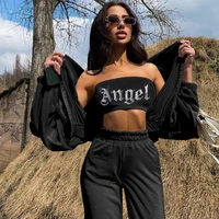 dourbesty two pieces tracksuits fashion women sport suits velvet diamonds strapless tube tops straight leg trousers streetwear