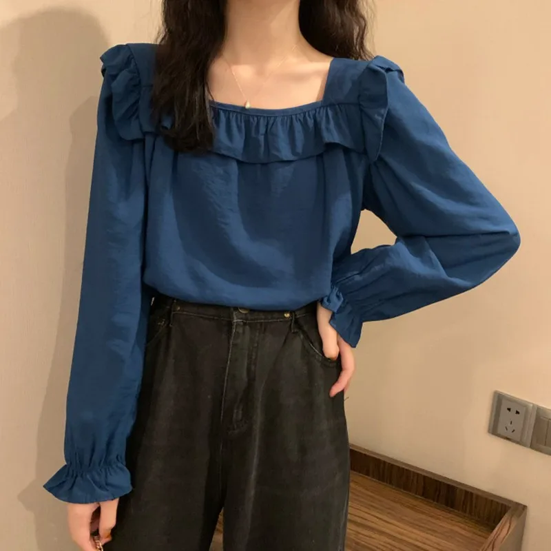 

Ladies Square Neck Blouses Spring Autumn Temperament Solid Color Long-sleeved Blouses Women Expose Clavicle Tops