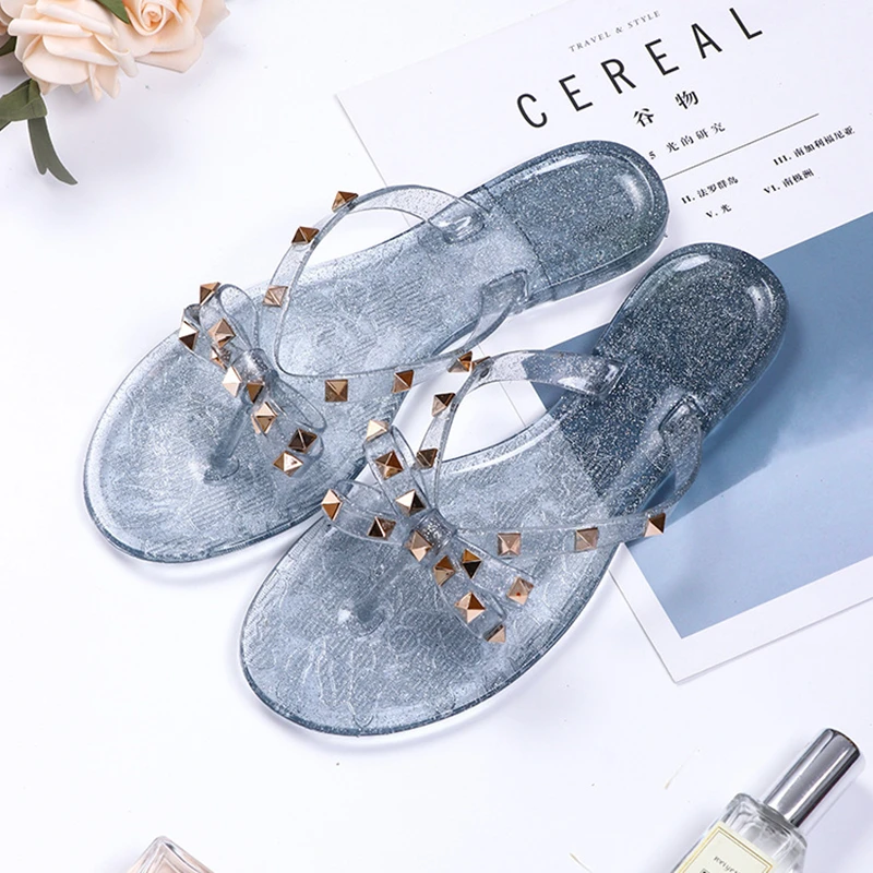 

2021 New Fashion Rivet Flip Flops Summer Orange Women Out Beach Sandals Slippers Jelly Crystal Shoes Non-slip Feet Casual Shoes