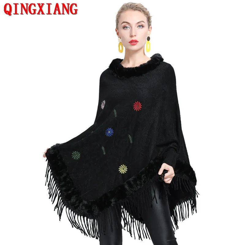 

2020 с круглым вырезом черного цвета на меху; С кисточками; С цветочной вышивкой; Уличная пальто с рукавами «летучая мышь» снаружи накидка Тре...