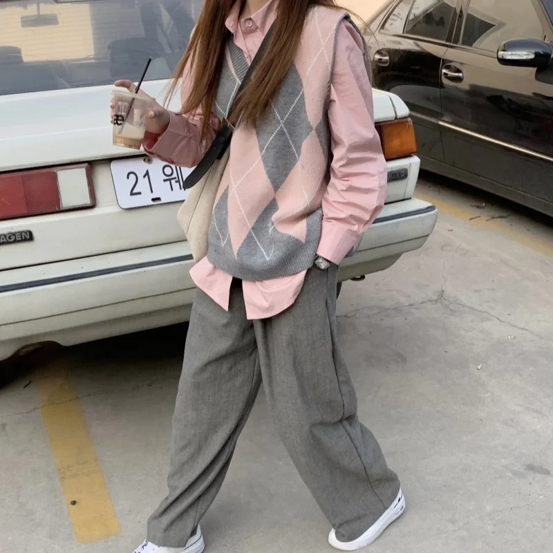 Женский вязаный кардиган в розовую клетку жилет с V-образным вырезом Осень-зима