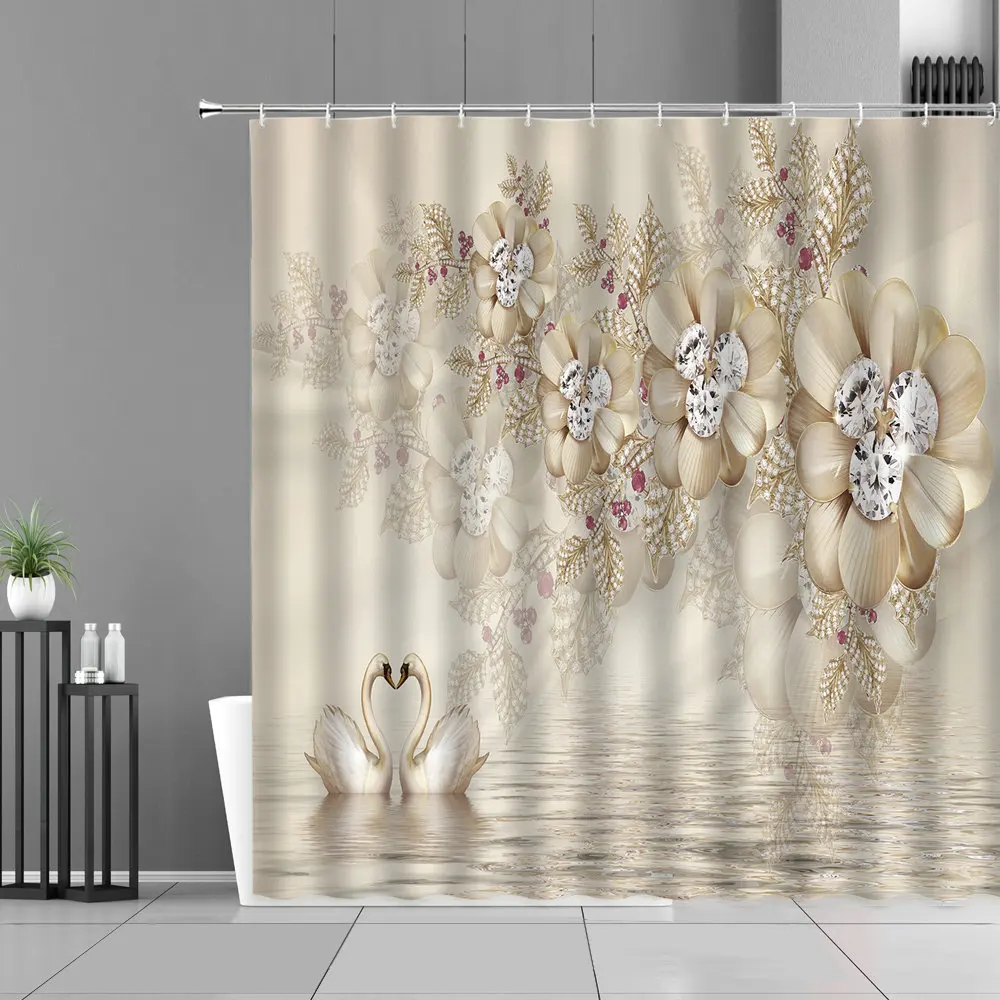 

Purple Diamond Swan Pattern Shower Curtain Flamingo Flower Print Home Waterproof Hooks Curtains Set Couple Bathroom Decor Screen