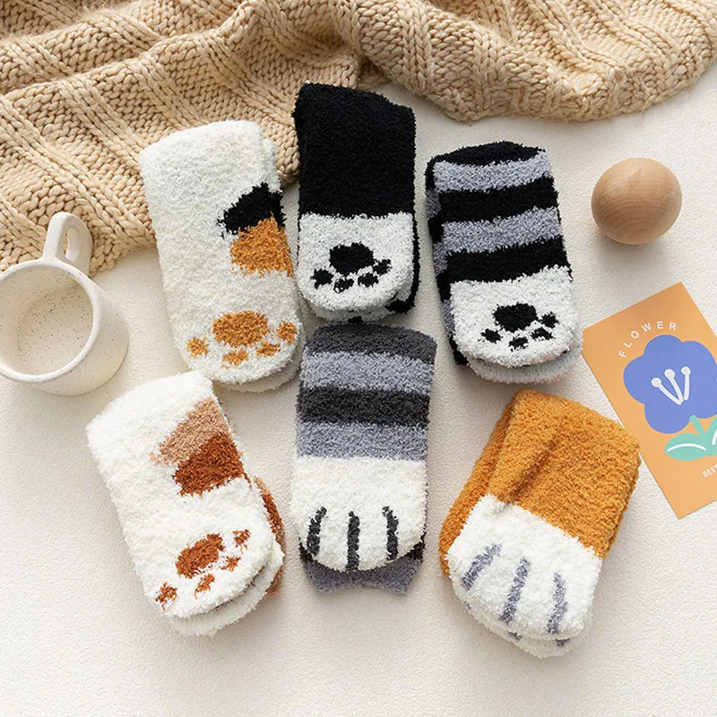 

New Coral Fleece Socks Female Cartoon Cat Claws Plus Velvet Thickened Half Velvet Warm and Wear-resistant Sleep Socks Autumn
