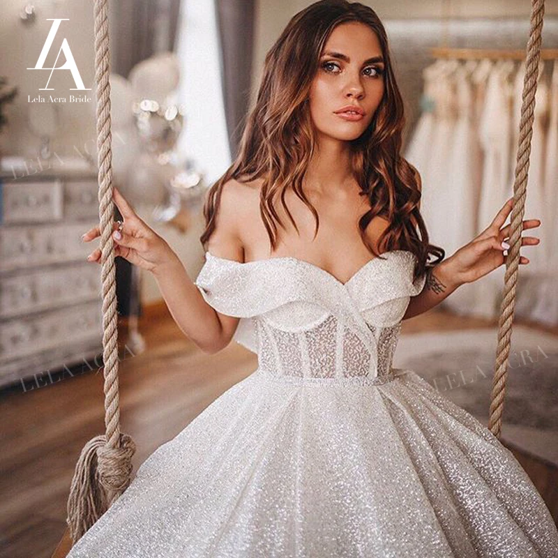 

Shiny Wedding Dress 2023 Vintage Off Shoulder A-Line Court Train Princess Bride Gown LelaAcra R000 Customized Vestido De Noiva