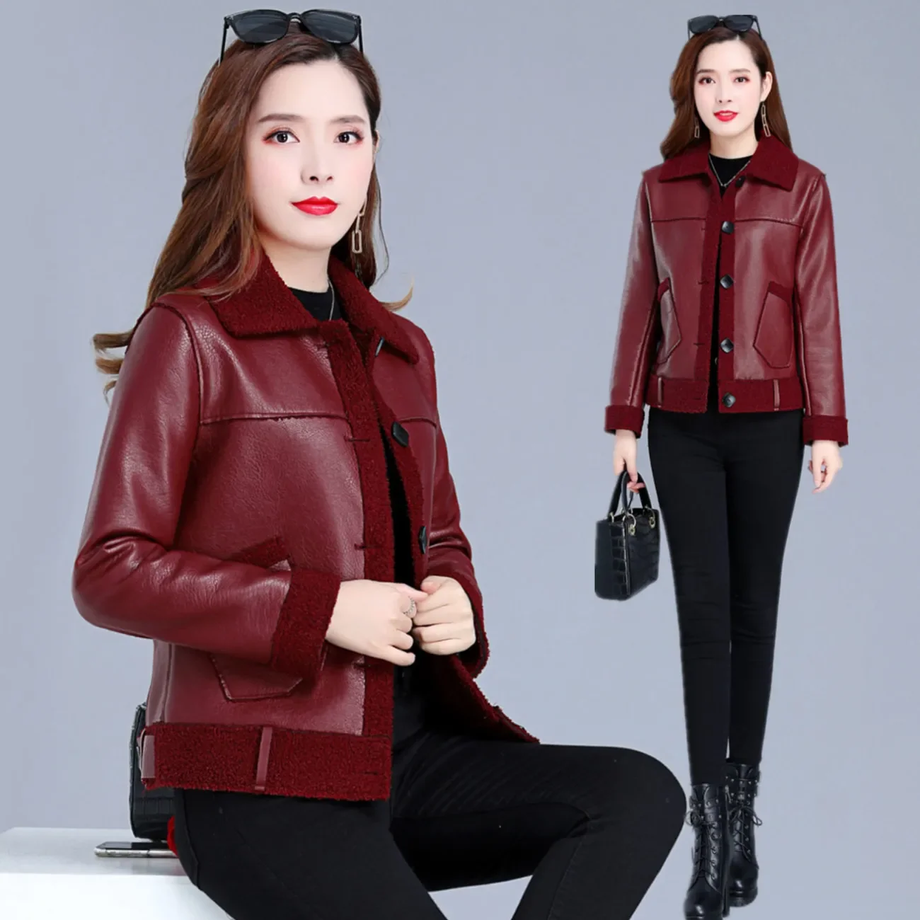 

Теплая женская зимняя мотоциклетная бархатная куртка, Женская Короткая Меховая куртка с лацканами, Корейская версия, бархатная куртка плюс...