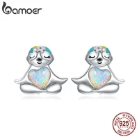 bamoer sloth nails silver earrings 925 sterling silver cute animal heart opal stud earring gift for girl party jewelry bse483