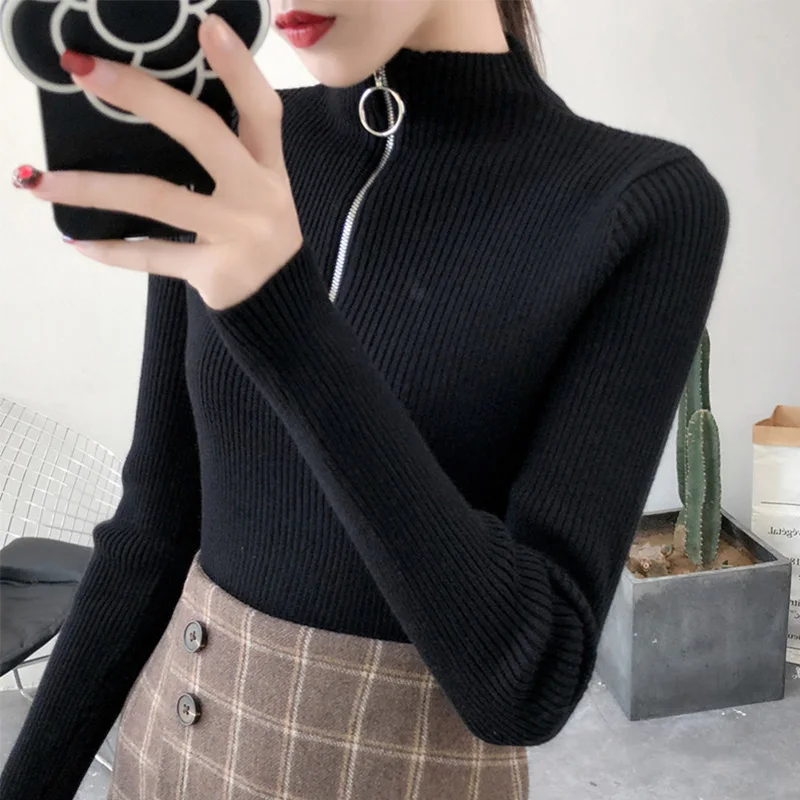 Пуловер Женский Мода Молния Водолазка Вязаный Свитер Повседневный Ребристый Вязаный Зимние Топы Свитера Женщины Пуловеры Трикотаж