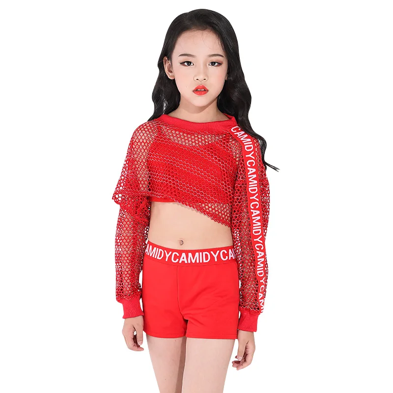 

Children Hip-Hop Jazz Dance Costume For Girl Red Cropped Tops Kids Cheerlead Dancewear Ropa Hiphop Stage Costume Summer VDB2234