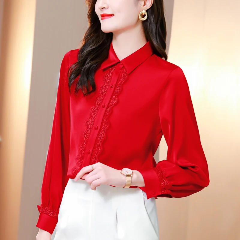 

Ropa De Mujer 2021 Women's Plus Size Lace Patchwork Blouses Spring Long Sleeve OL Blusas Elegant Casual Solid Red Tops Tees 9241
