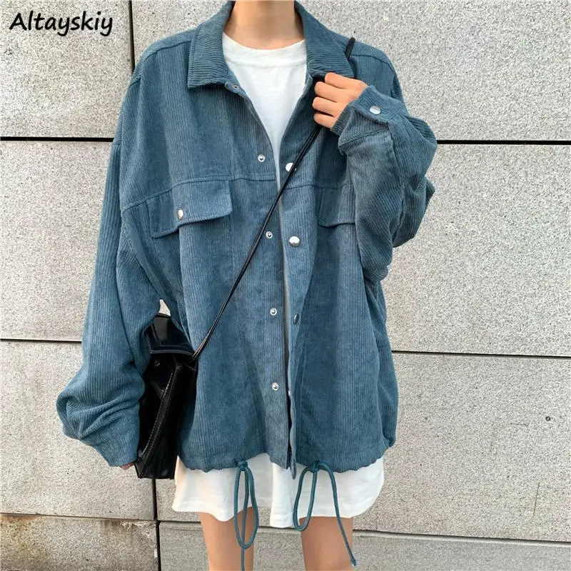 

Women Jackets Vintage Corduroy Long Jacket Coats Baggy Single Breasted Pockets Harajuku Couples Safari Lace-up Designs Outwear