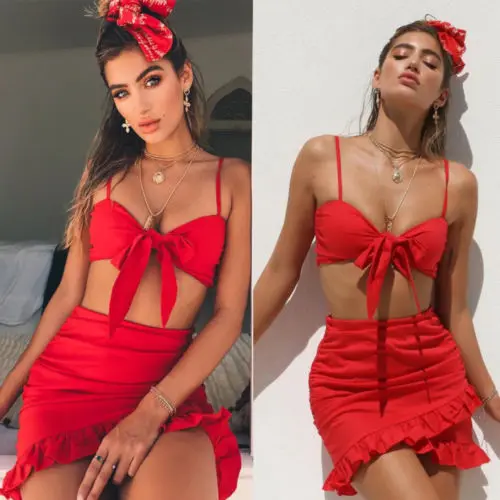 

Sexy Women 2 Piece Bodycon Two Piece Crop Top and Skirt Set Bandage Red Skirt