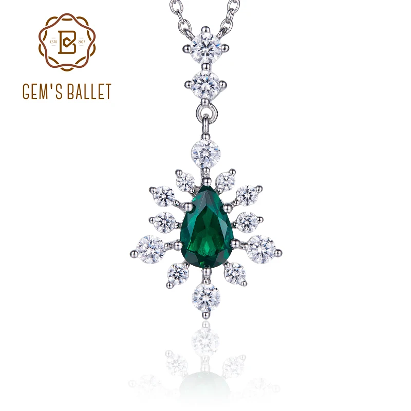 

GEM'S BALLET Christmas Pear Shape Lab Grown Emerald Gemstone Sparkle Pendant Necklace in 925 Sterling Silver 0.73Ct with Chain