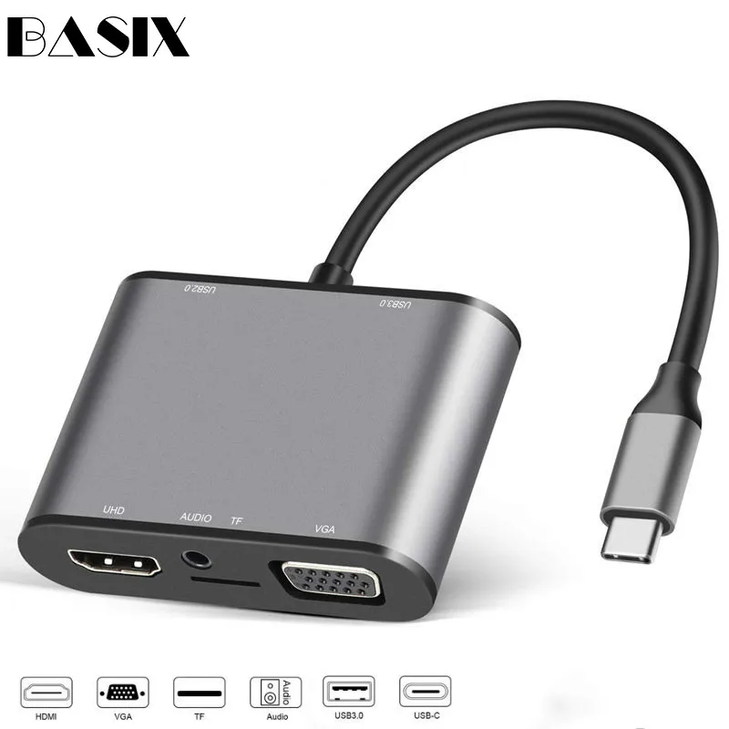 Адаптер Basix USB C Hub к HDMI VGA Thunderbolt 3 док станция с Type PD TF 5 мм Слот для чтения MacBookPro Huawei