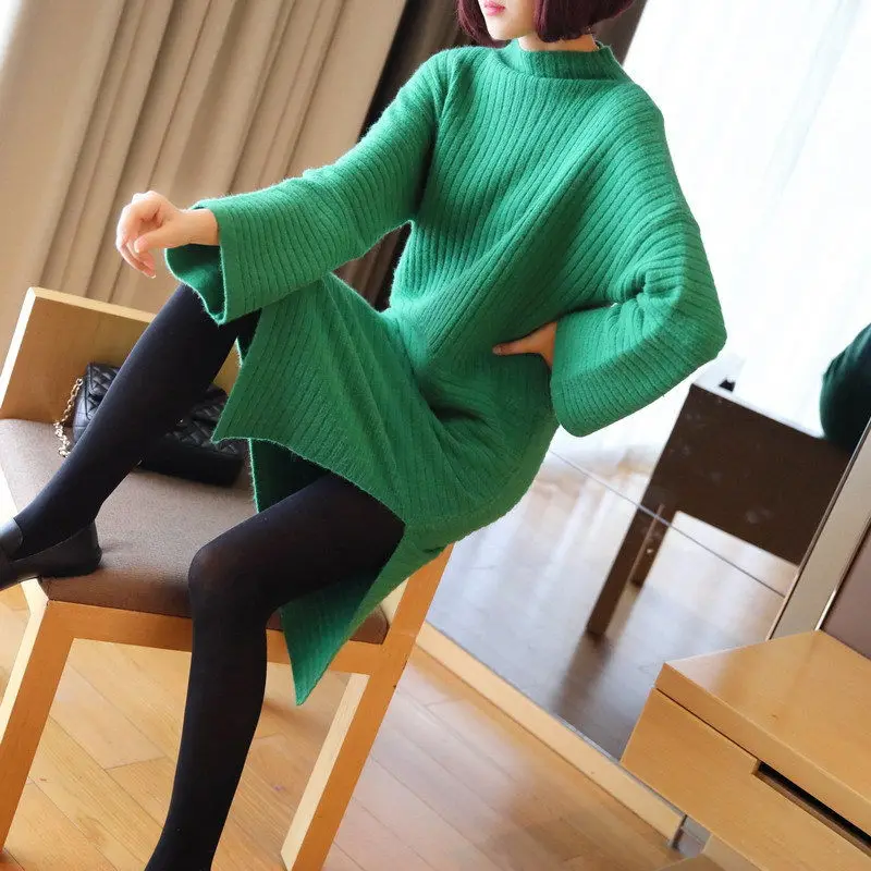 Длинный секционный пуловер женский осенний и зимний Сплит платье с высоким