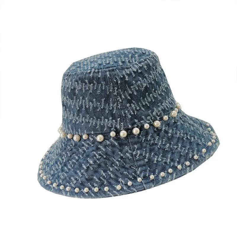 Summer Wild Pearl Denim Bucket Hats Fashion Statement Distressed Design Sun Hats for Women Travel Sunscreen Essentials