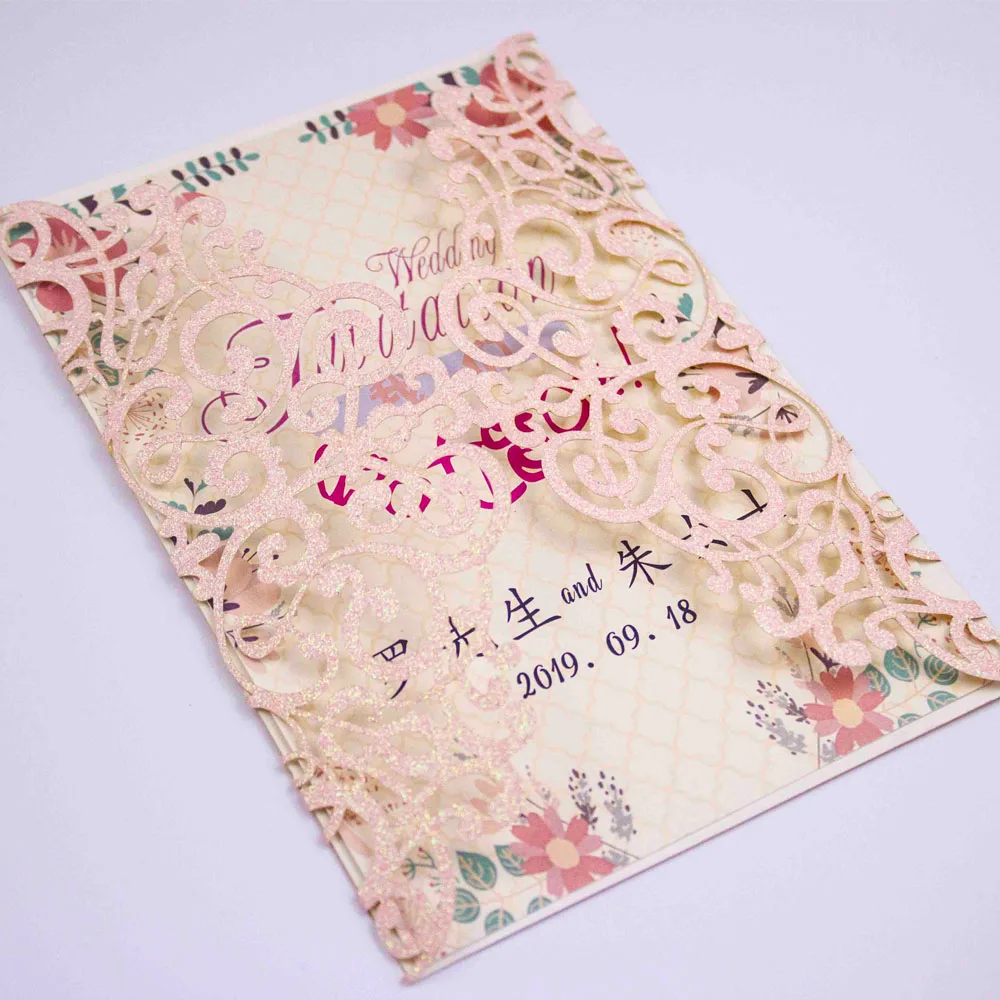 pink glitter 10 шт. розовое золото бордовый винтажные свадебные пригласительные открытки конверт с лазерной резкой Пригласительные открытки - Цвет: pink glitter