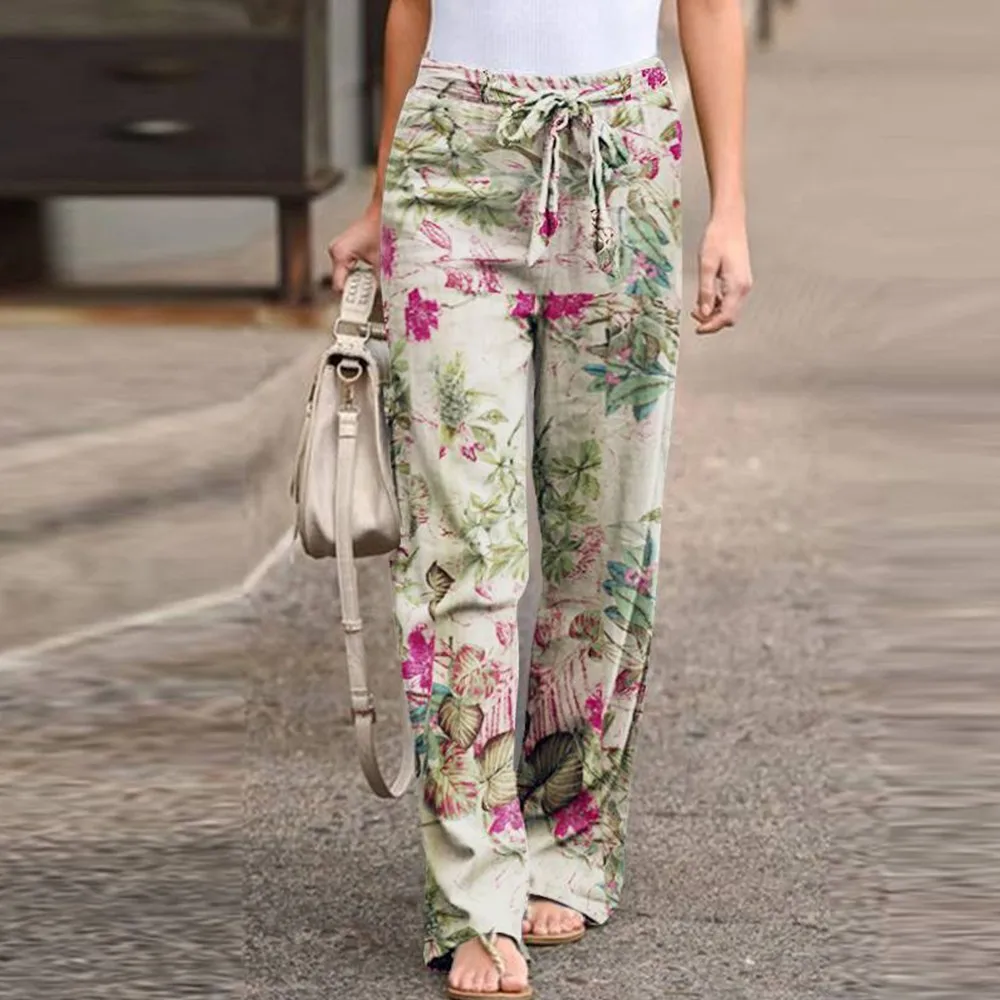 

Women Fashion Linen Pants Autumn Casual Drawstring Wide Leg Pant Loose Vintage Print Trousers Plus Size Work Long Pantalones New