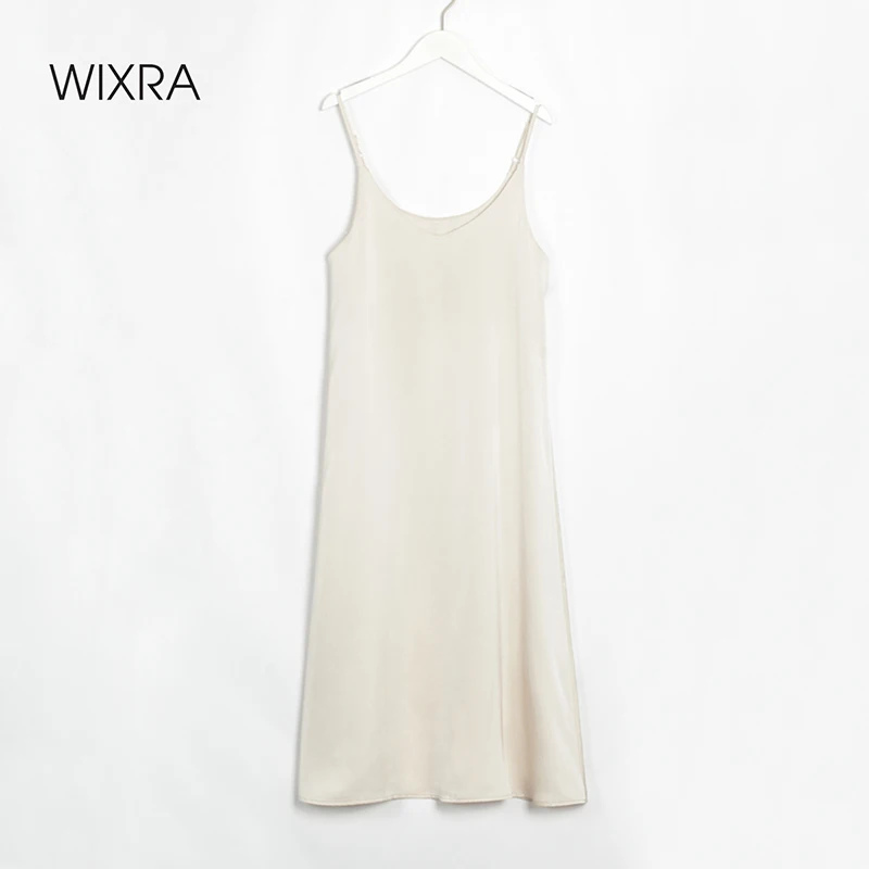 

Wixra Women's Satin Dresses Elegant V-Neck Sundress Mid-Calf Spaghetti Strap High Street Dress Spring Summer