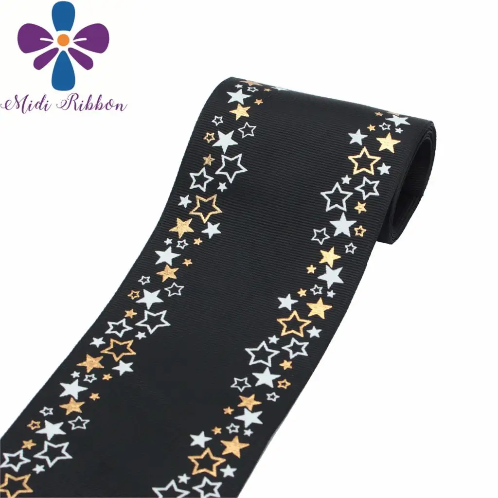 

3"75mm Star Pattern White Ink Print Glow in the Dark Hologram Gold Foil Solid Color Grosgrain Ribbon DIY Hair Bands 50yards/roll