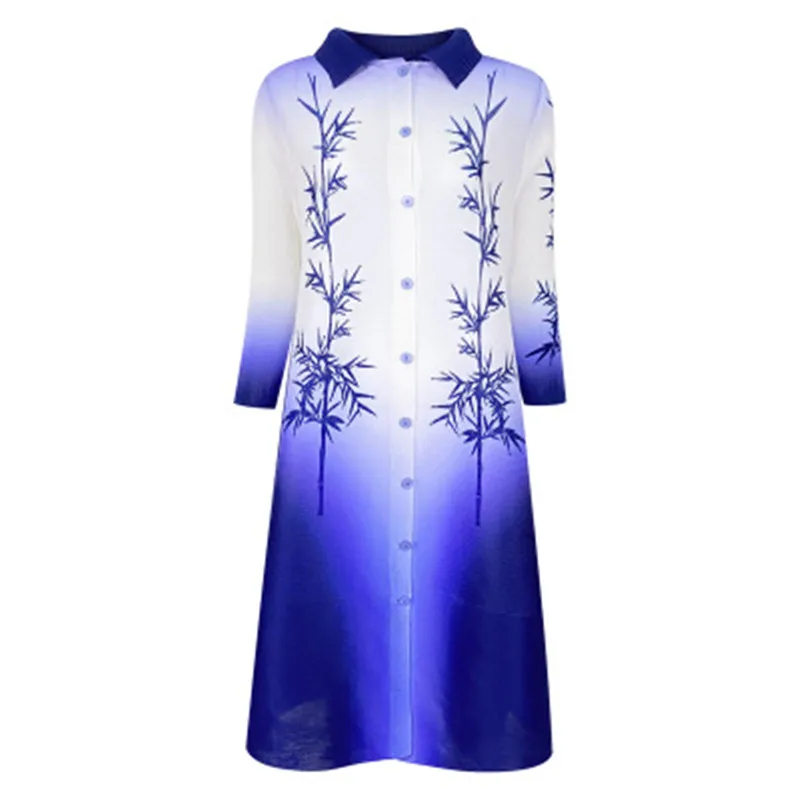 

Women's Miyake Lapel Fashion Blouse Dress Fashion Loose Gradient Printing Round Collar The Spring And Autumn Vintage Dress