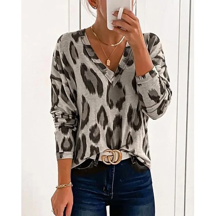 

WEPBEL Long Sleeve T-shirt Women's Casual Leopard Print Printed Loose T-shirt Spring Autumn V-neck Pullover T-shirt Tops