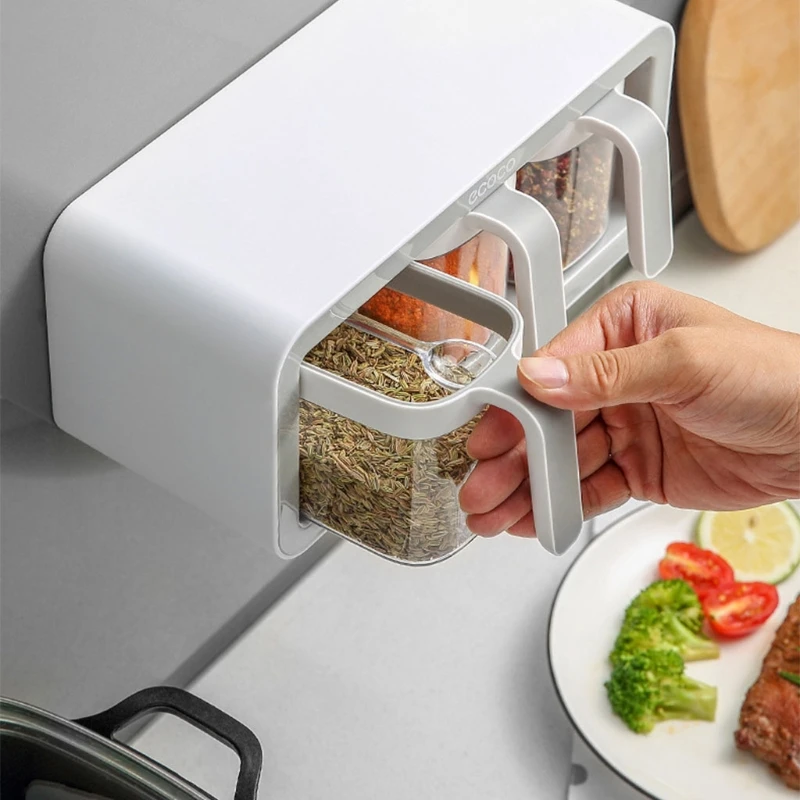

Wall Mount Spice Rack Organizer 2 Cups/3 Cups Sugar Bowl Salt Shaker Seasoning Container Spice Boxes Condiment Jar Tool
