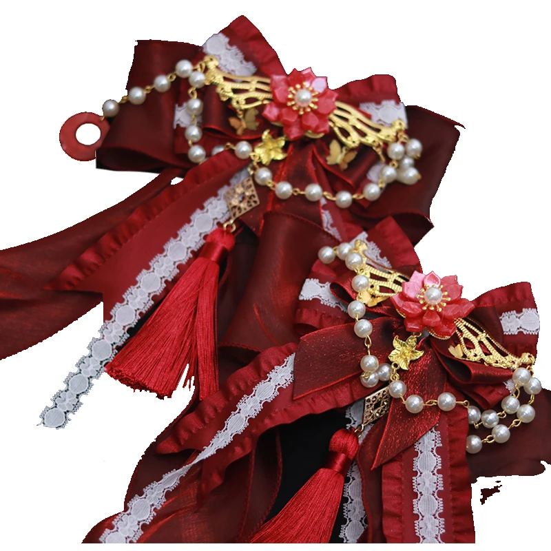 

Girl Retro New year Red wine China Lolita Side Clip Hairpin Hedawear Gorgeous Bow Lace Bead Chain Princess Handmade Hair Ornamen