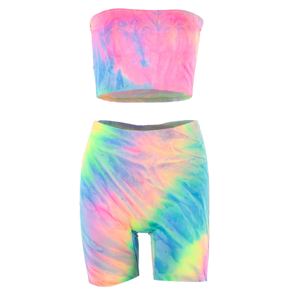 

2020 Summer Tie Dye Print Sexy Tank Top Biker Shorts 2 Two Piece Set Women Tracksuit Crop Tops Streetwear