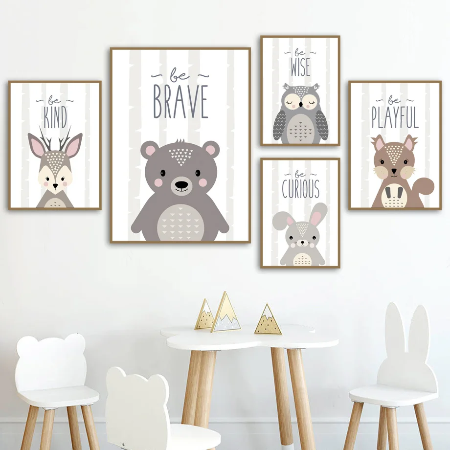 Настенная картина для детской комнаты с изображением совы кролика медведя оленя