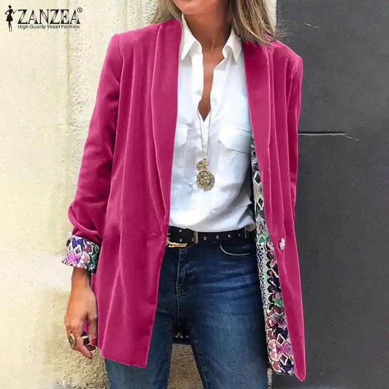 

Female Oversze Jackets Office Outwear ZANZEA New Fashion Blazer Women's Patchwork Velvets Coats Autumn OL Casual Lapel Cardigans