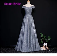 grey off shoulder glitter prom dresses long floor length corset back sparkly formal party gowns 2020 a line sts15