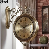 american vintage large wall clock gold luxury metal double side silent clocks wall roman wall decorations living room horloge 50