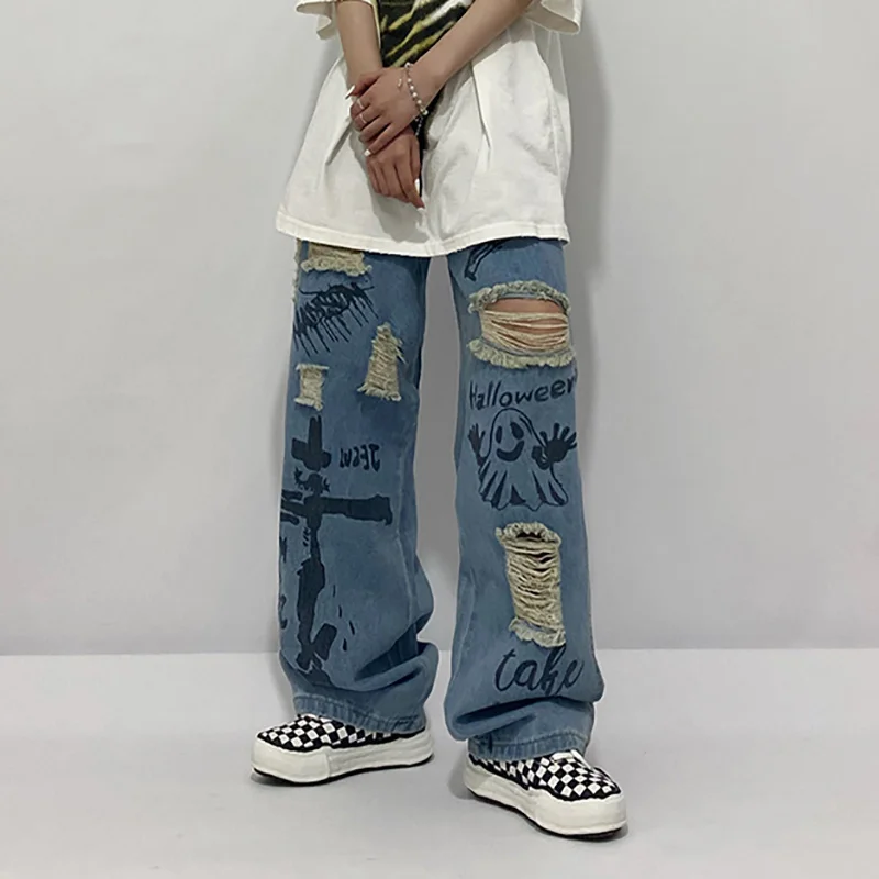 

Streetwear Hip Hop Graffiti Hole Jeans Women's Autumn 2021 New High Waist Loose Straight Denim Pants Female Tide