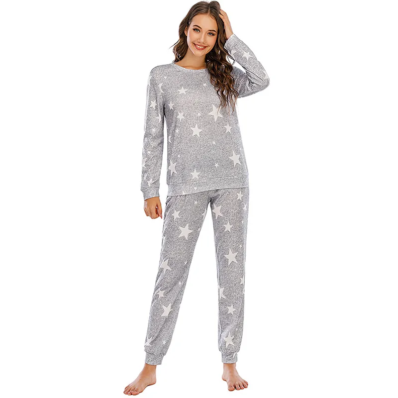 

Autumn Winter Pajamas Sets Five-Pointed Star Top and Pants Ladies Long Sleeve Home Wear Solid Color Pj Sets for Women Casual