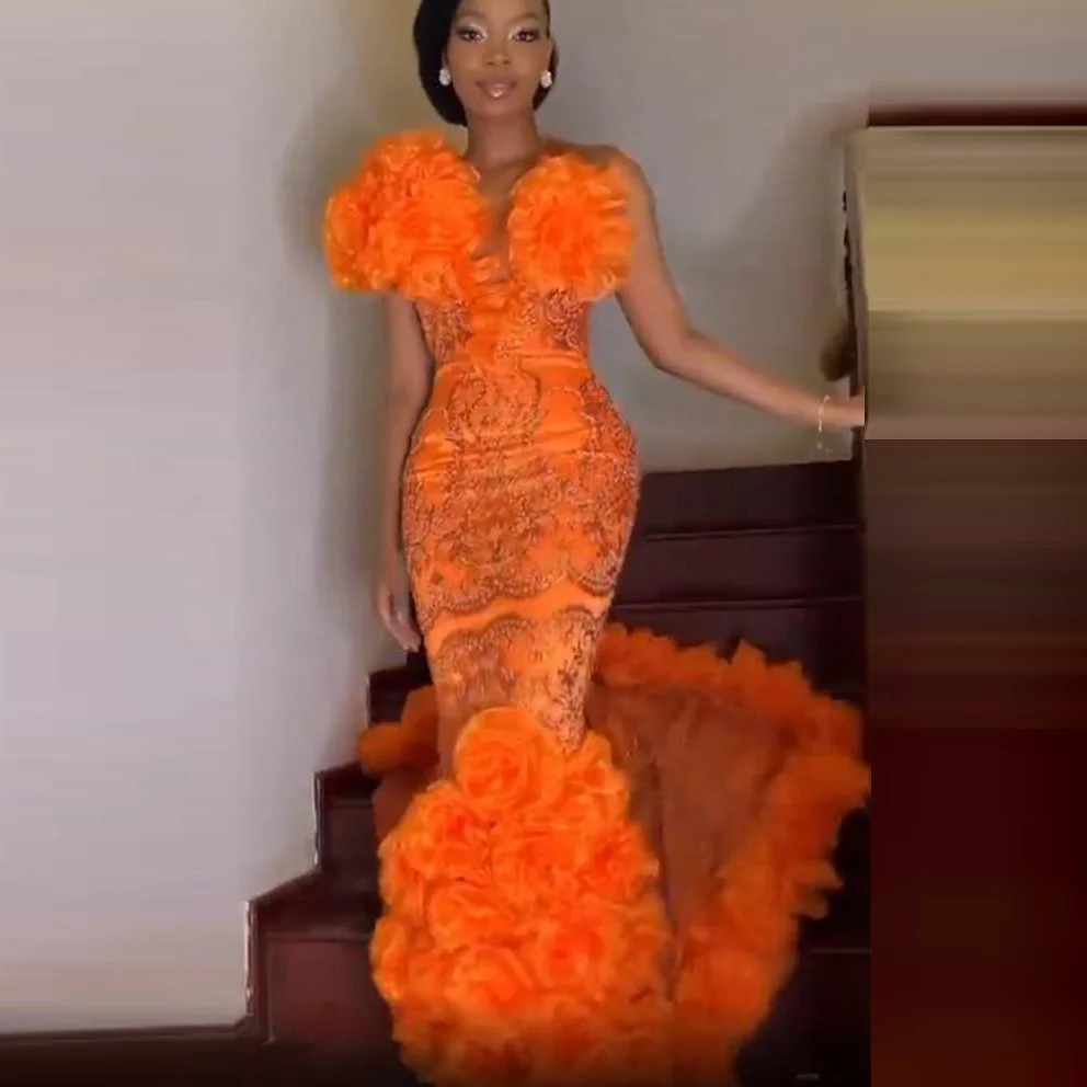 

Custom Mermaid Evening Dresses Elegant Applique Floral Prom Dress vestido de fiesta Women Formal Gowns Orange robe de soirée