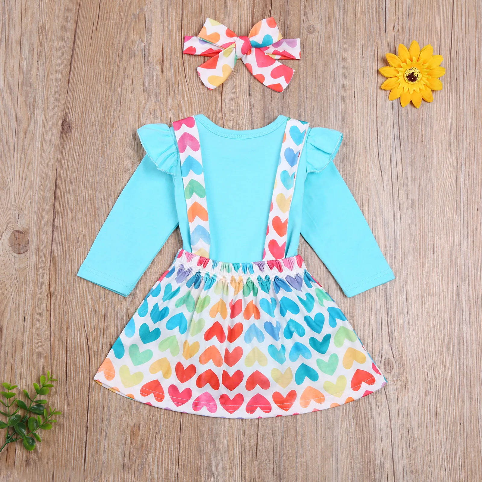 

Pudcoco 2020 Autumn 3-24M Toddler Baby Girl 3Pcs Set Blue Ruffled Long Sleeve Bodysuit+Colorful Hearts Print Suspender Skirt+Bow