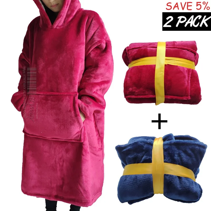 2 PACK Толстовка с капюшоном, ультра плюшевое одеяло, фланелевая толстовка с капюшоном, зимняя, мягкая, домашняя, теплая, один размер, для улицы, подходит для всех мужчин, женщин, толстовки, пальто, подарки - Цвет: 2 PACK
