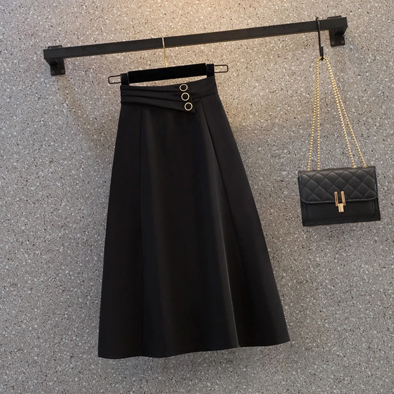 

Black Pure Color Long Plus Large Size Oversize Korean Style Fashion Autumn Women'S Clothing Vintage 2021 Casual High Waist Skirt