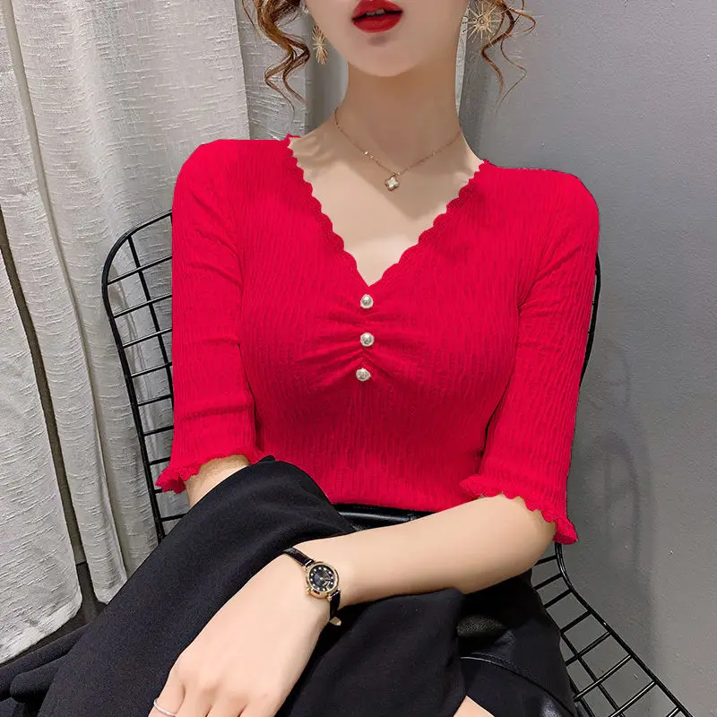 

Lace V-neck nail bead medium short sleeve T-shirt women's spring and summer jacquard ice silk Pullover women's top