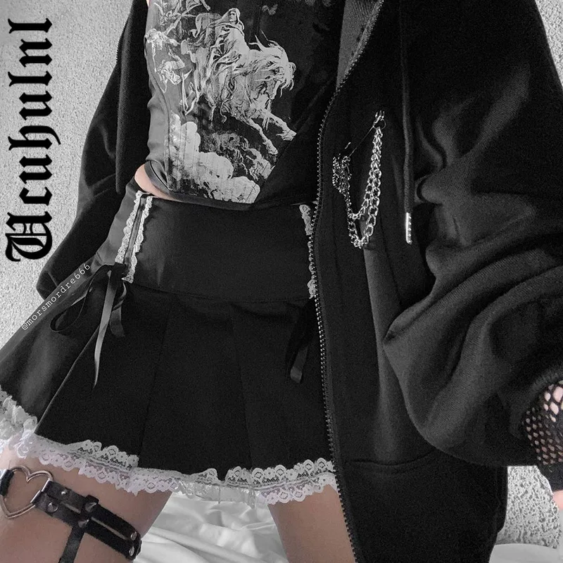 

Ucuhulnl торгового центра в готическом стиле и юбка с кружевом для женщин Harajuku в стиле «панк» готическое Бандажное Alt летняя одежда с высокой та...