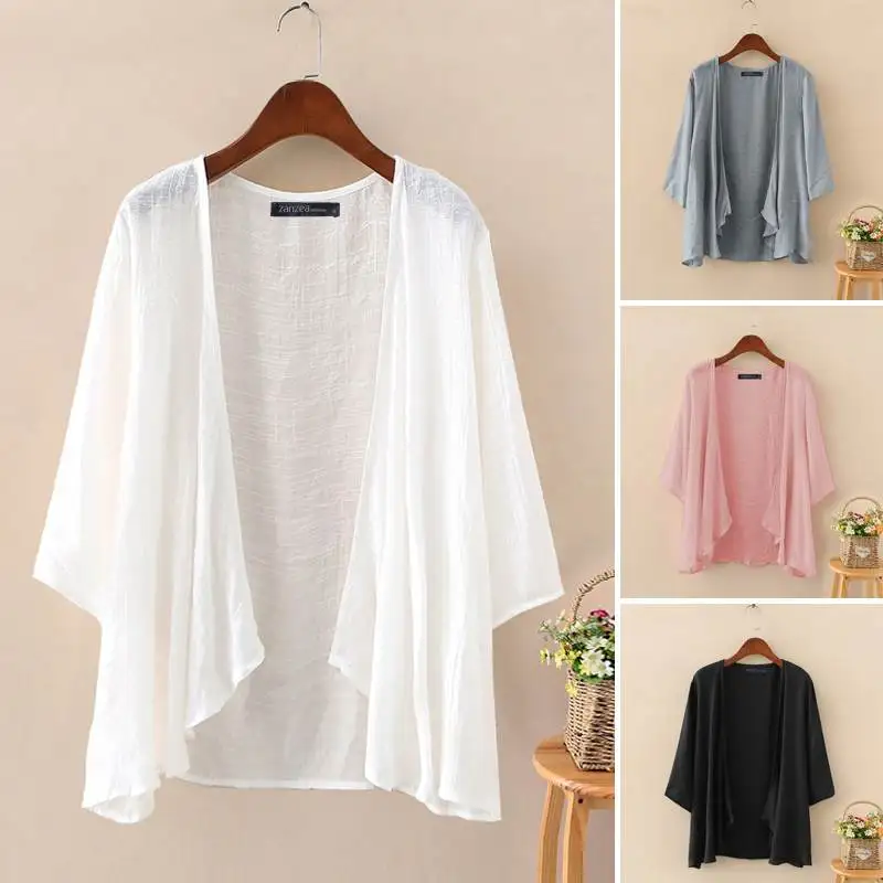

Fashion Kimono Cape Women's Summer Blouse Cardigans 2021 ZANZEA Solid Casual Long Sleeve Blusas Femle Thin Tunic Oversized Tops