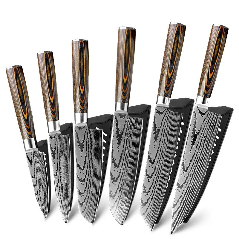 

6 Piece Set Knife Imitation Damascus Pattern Quicksand Pattern Stainless Steel Knife Kitchen Tool with Knife Set Knife Kitchen