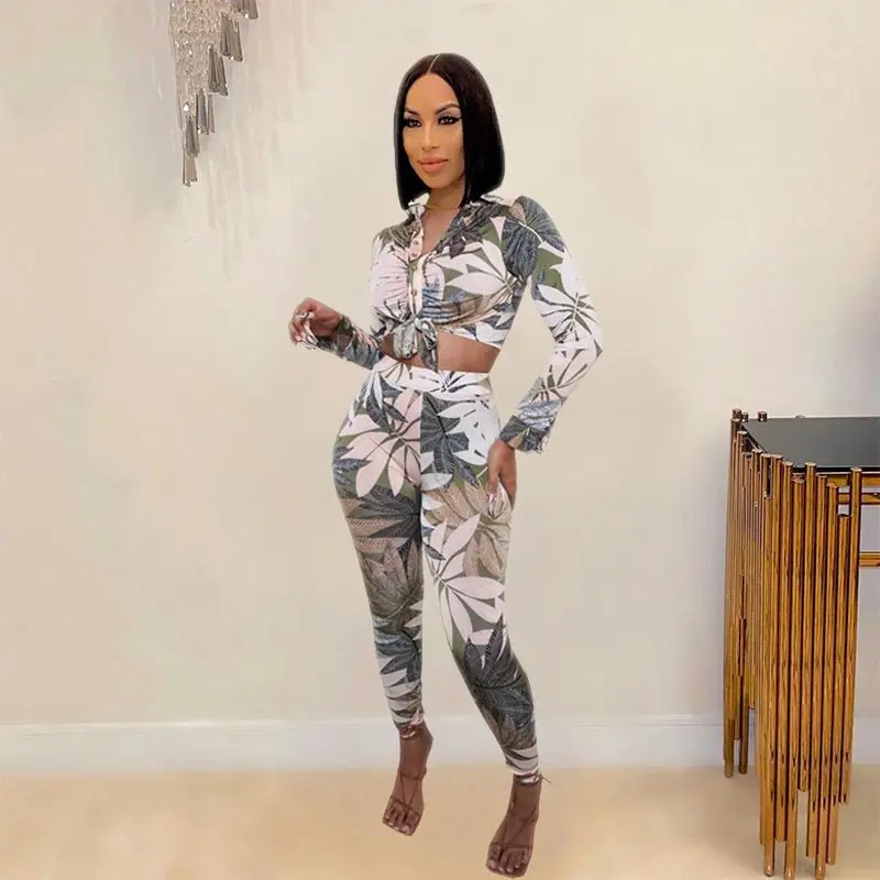 

Elegant Two Piece Suit Set 2021 Tracksuits Stylish Printing Long Sleeve Button Shirt and Sports Pant Sets Jogger Women