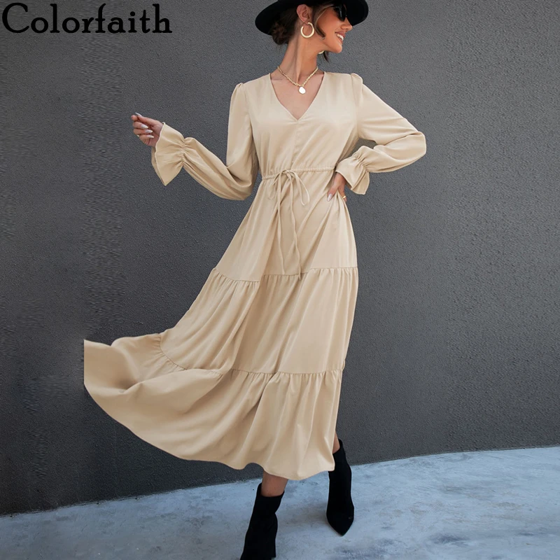 

Colorfaith New 2021 Women Spring Autumn Dresses Vintage Fashionable Pagoda Sleeve Pure Shirring Fold Lady Long Dresses DR2448AB