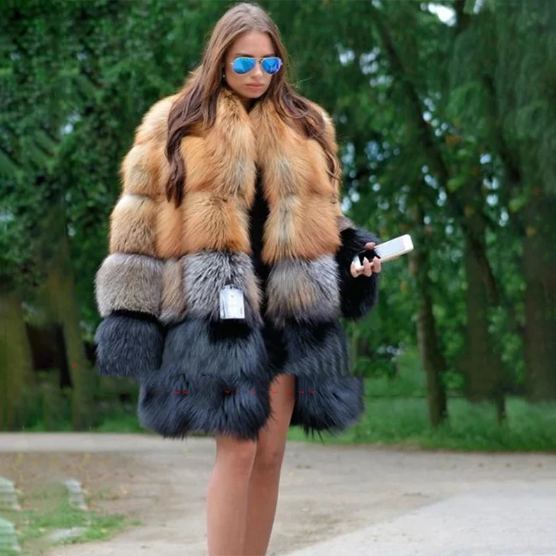 

Long Faux Fur Coat Women Winter Fashion Thick Warm Fur Jacket Yellow and Black Contrast Stitching Fur Coat Lugentolo
