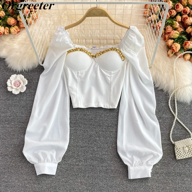 

Sexy Blouse Women Chain Slim Autumn Fashion Lantern Long Sleeve Square collar Sheath Stretch Shirt Clubwear Crop Tops Tube Top
