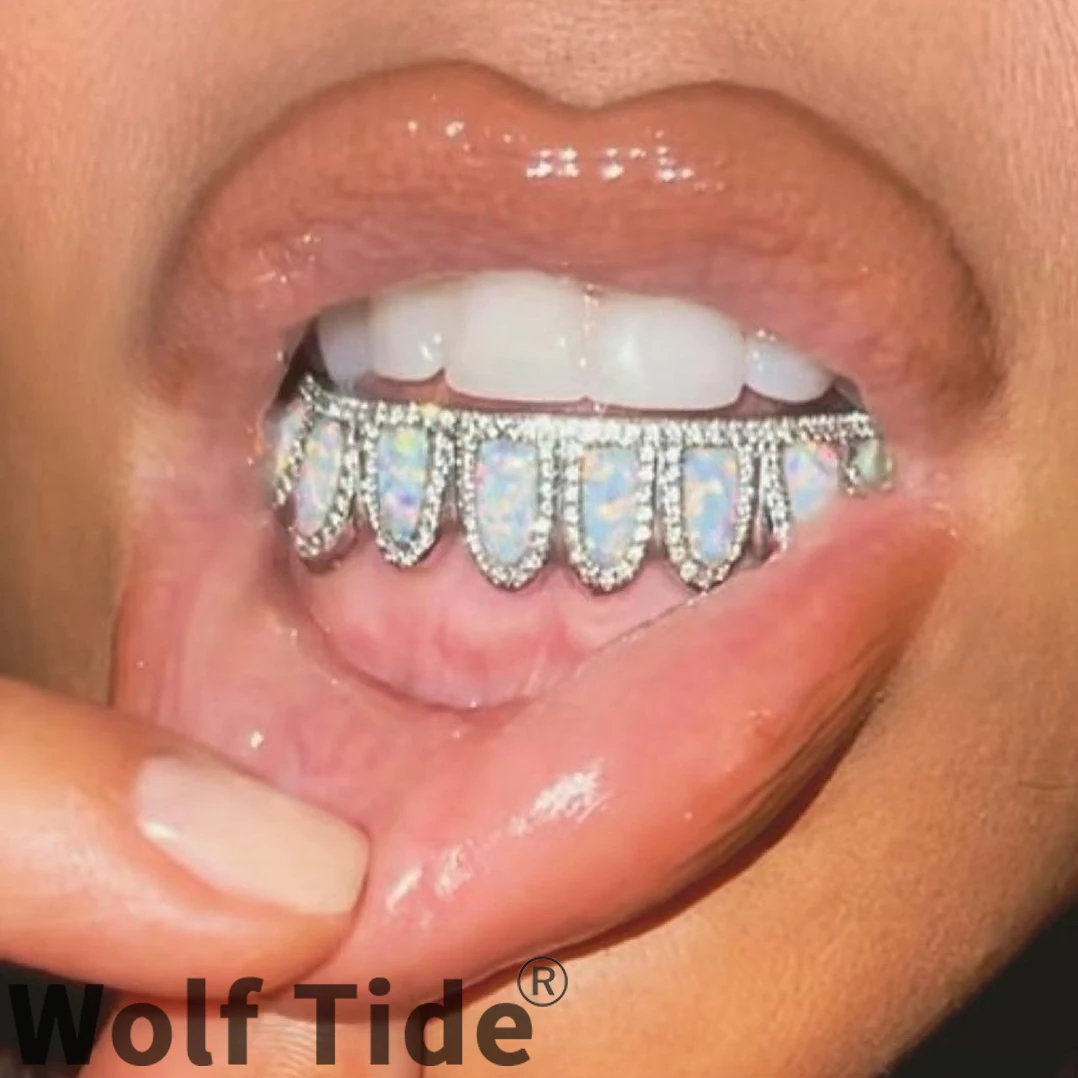 Gold Blue White Opal Grillz Brace Punk Hip Hop Iced Cubic Zircon Dental Mouth Fang Grills Vampire Tooth Cap Cosplay Rap Jewelry
